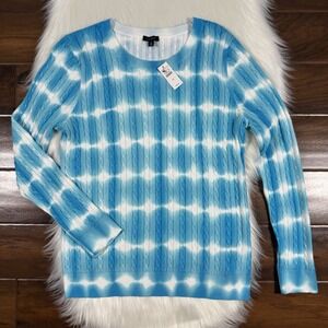 Talbots Size Medium Blue White Tie Dye Cable Knit Crew Neck Pullover Sweater